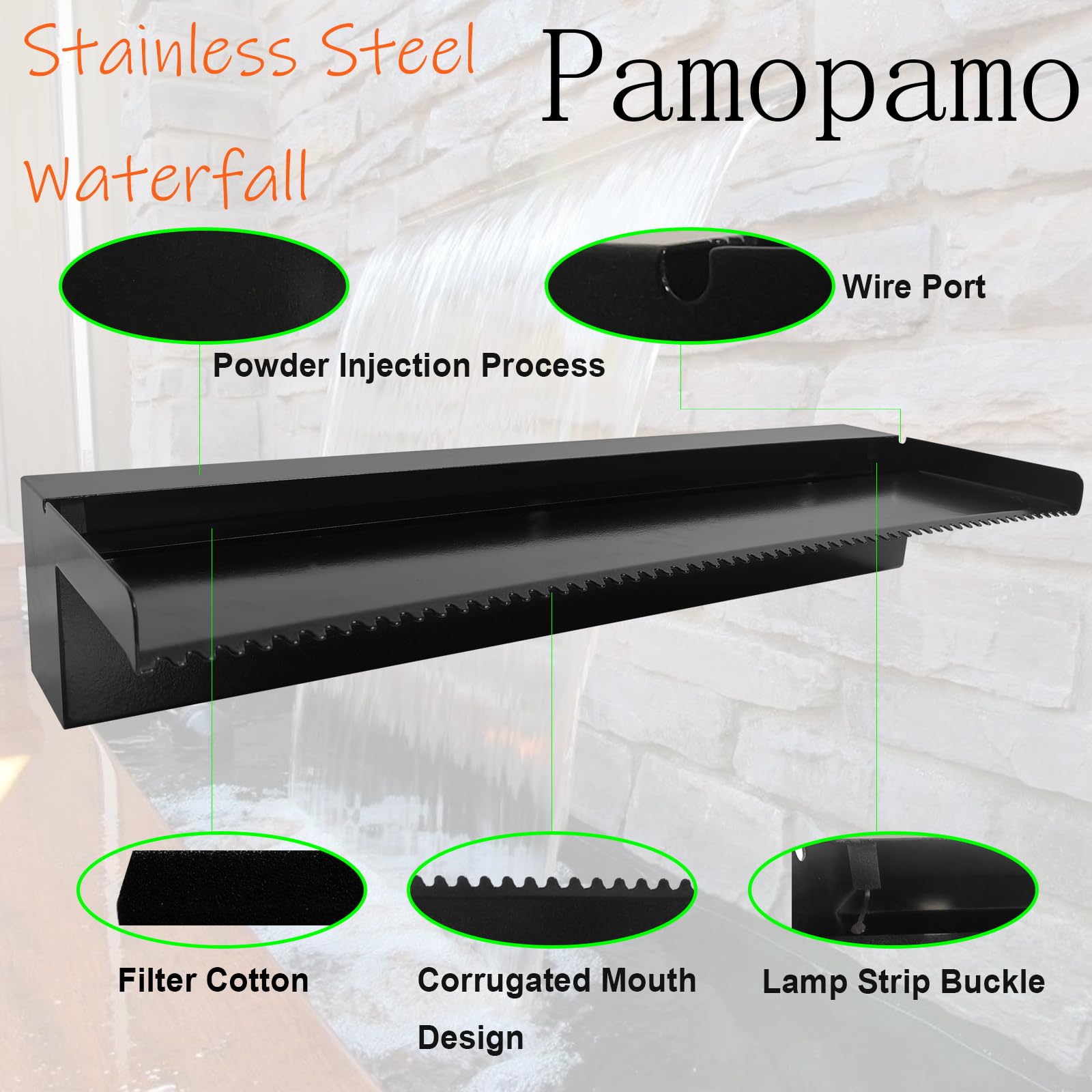 Pamopamo Pond Waterfall Spillway Pool Fountain Water Feature, Black Stainless Steel Outdoor Fountains, Swimming Pool Water Flow Waterfalls Kit for Garden Patio Ponds-35.4"x7.8"x3.9"(NO Light)
