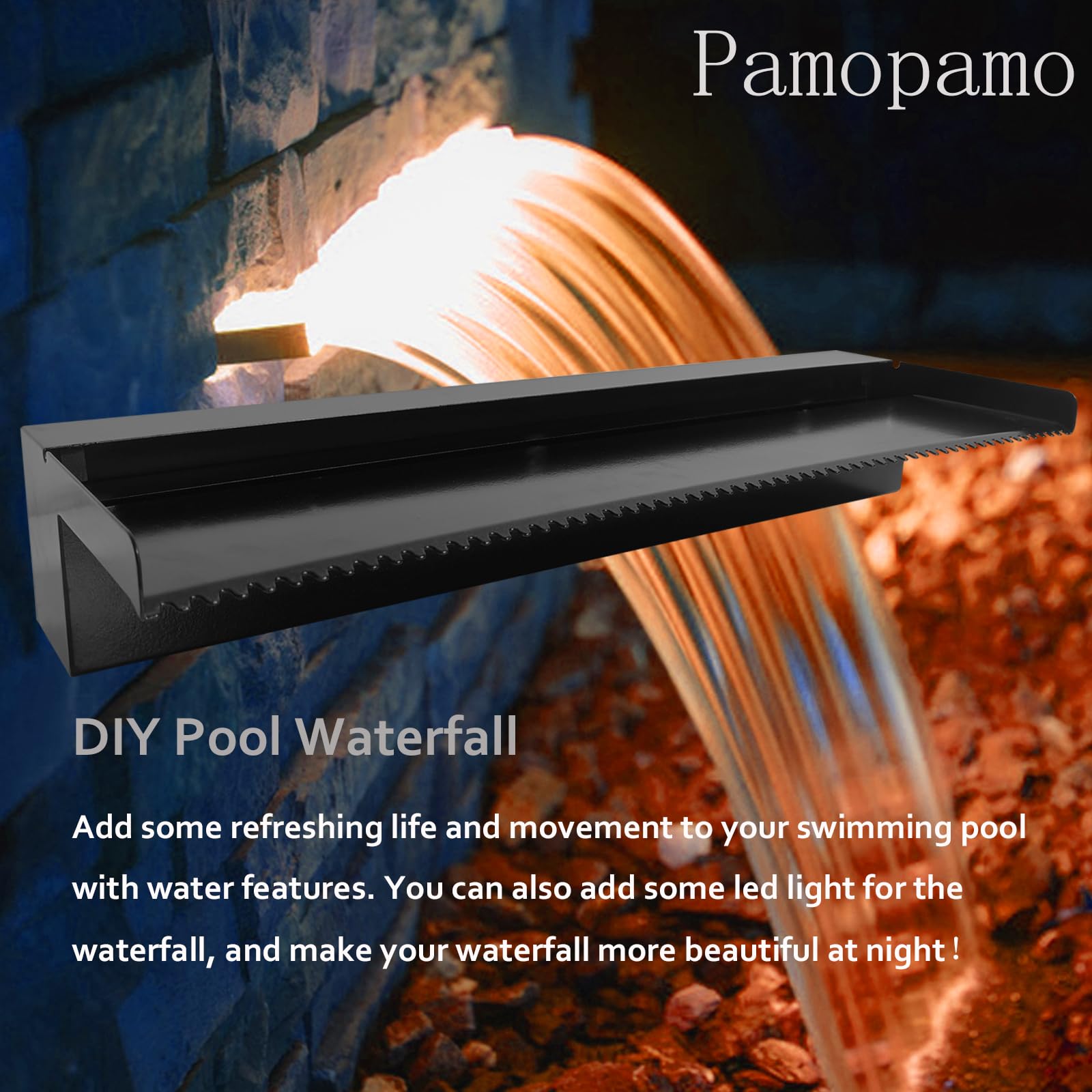 Pamopamo Pond Waterfall Spillway Pool Fountain Water Feature, Black Stainless Steel Outdoor Fountains, Swimming Pool Water Flow Waterfalls Kit for Garden Patio Ponds-35.4"x7.8"x3.9"(NO Light)