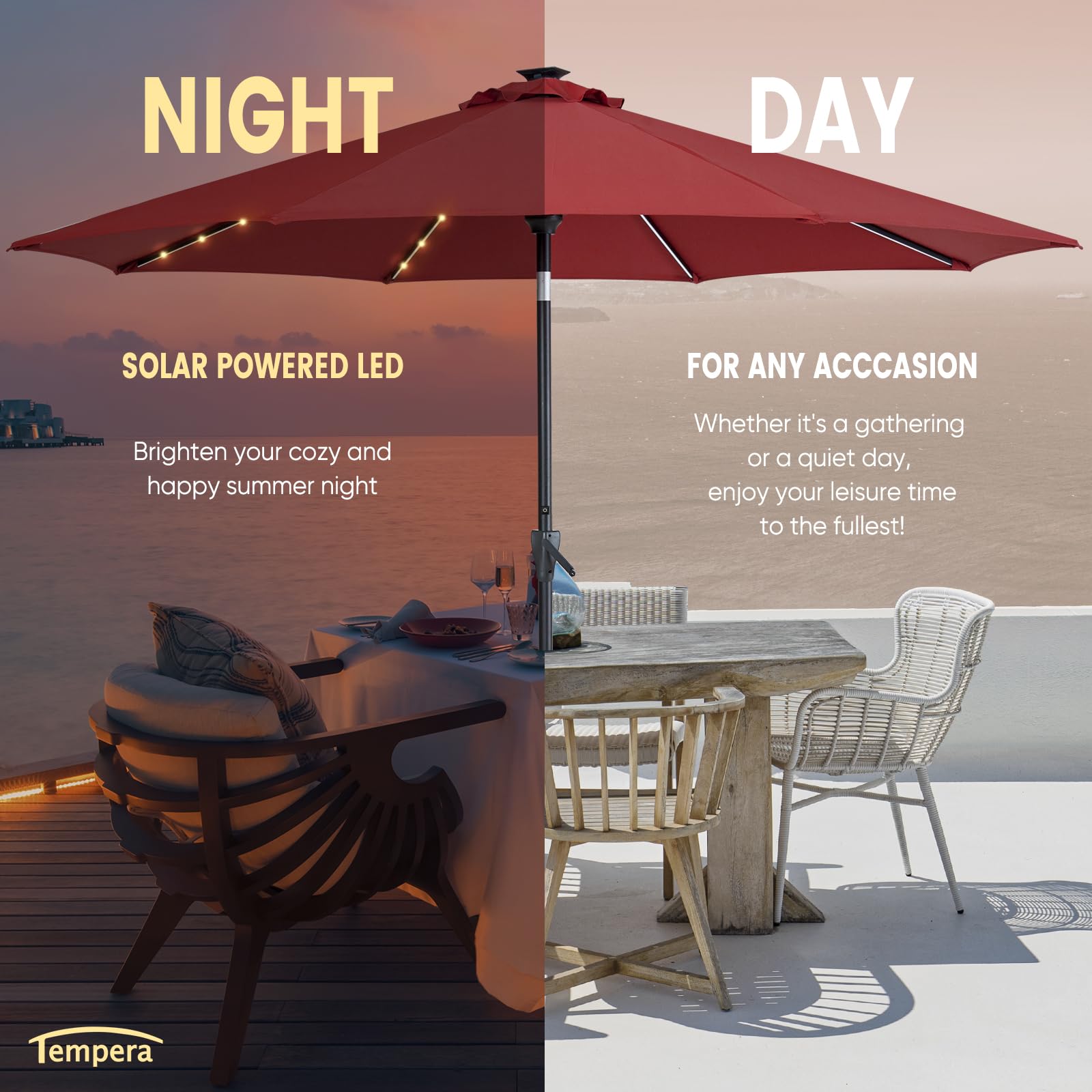 Tempera 9ft Patio Solar Powered Outdoor Umbrella with LED Light