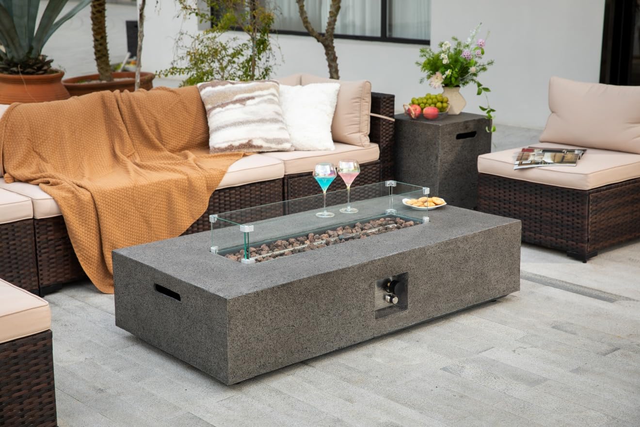 LumeVale 56-inch Rectangle Propane Gas Fire Pit Table, 50,000BTU Outdoor Patio Heater with Stainless Steel Burner Fire Pit for Backyard, Porch, and Garden (Grey, Fire Pit with Wind Guard&Tank)