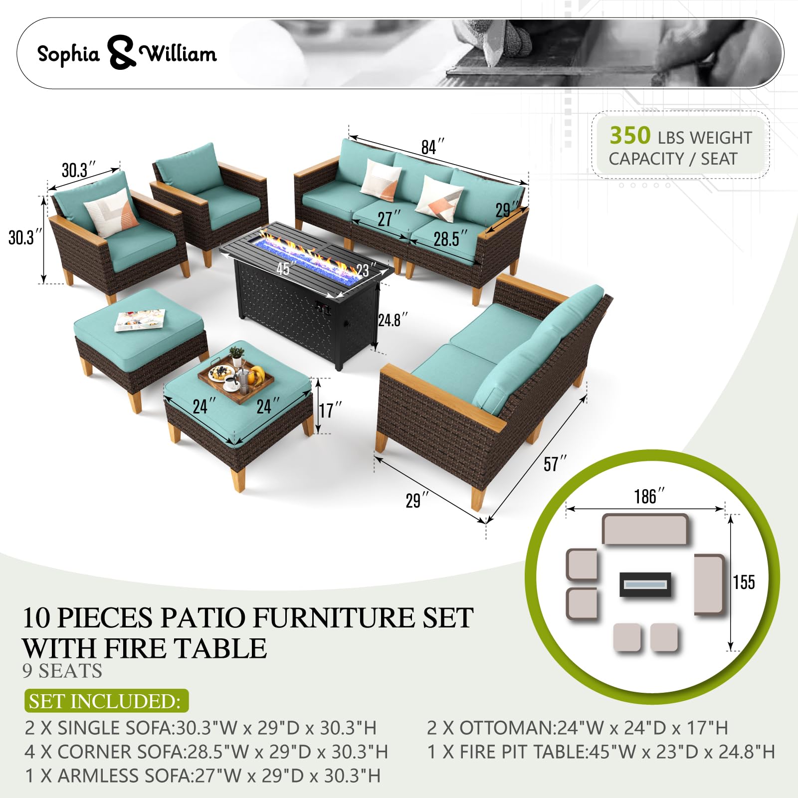 Sophia & William Patio Furniture Set with 45" Fire Pit Table, 10 Piece Outdoor Wicker Furniture