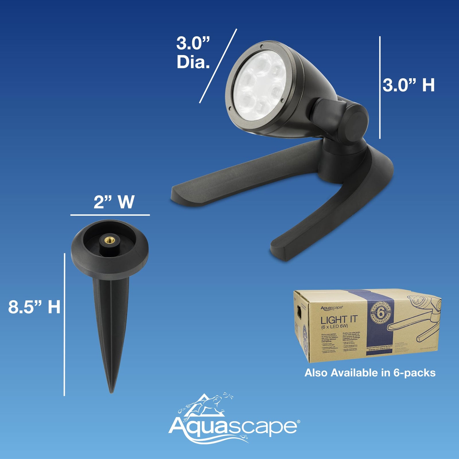 Aquascape Pond and Landscape LED 3-Watt Spotlight 6-Pack, Warm White Low Voltage Submersible Outdoor Lights for Water Features, Gardens, Trees, and Waterfalls, 84047