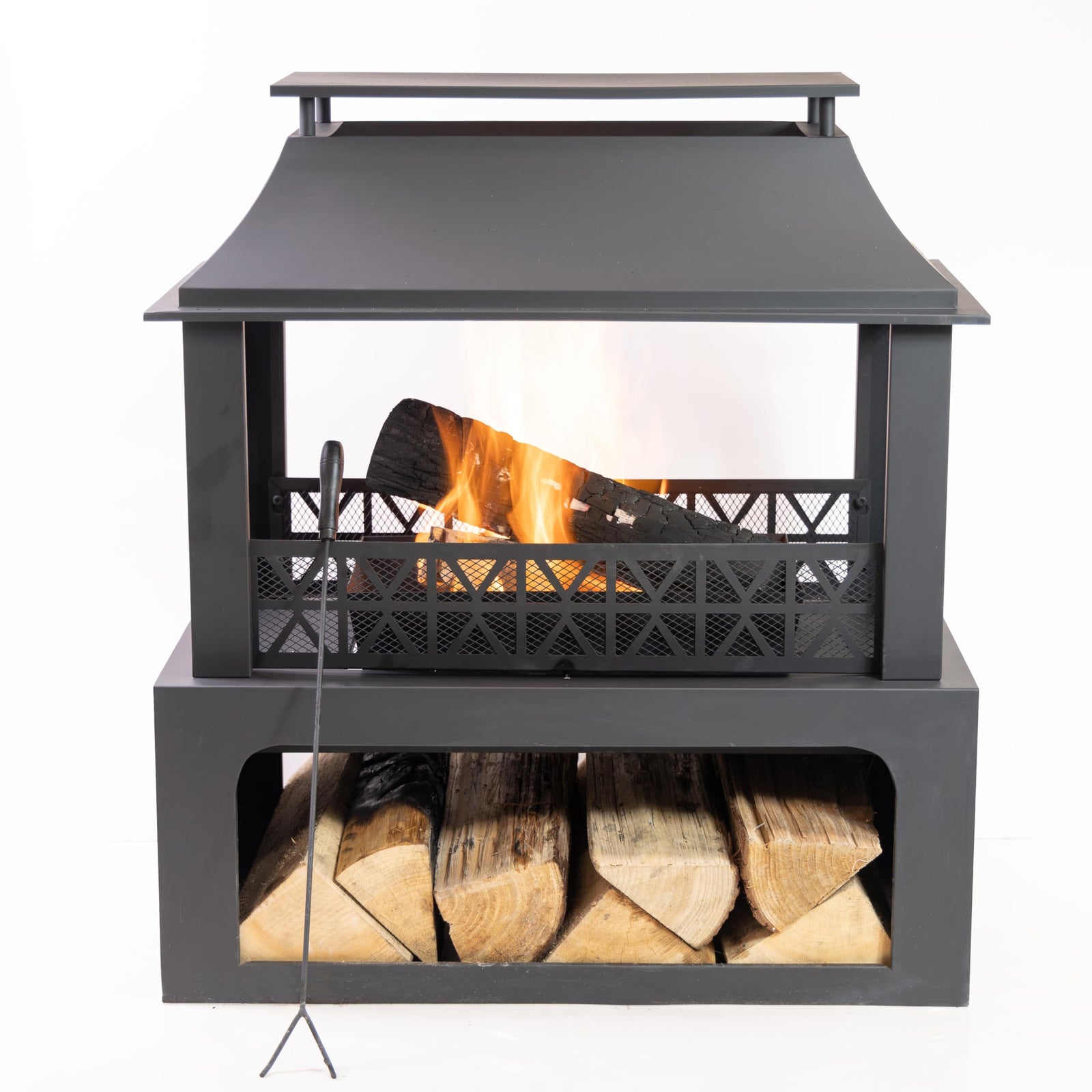 Deko Living 36" Rectangular Steel Outdoor Wood Burning Fireplace - Outdoor Fireplace with Adjustable Cooking Grill & Log Storage Compartment - Camping Fire Place with Safety Screen and Poker