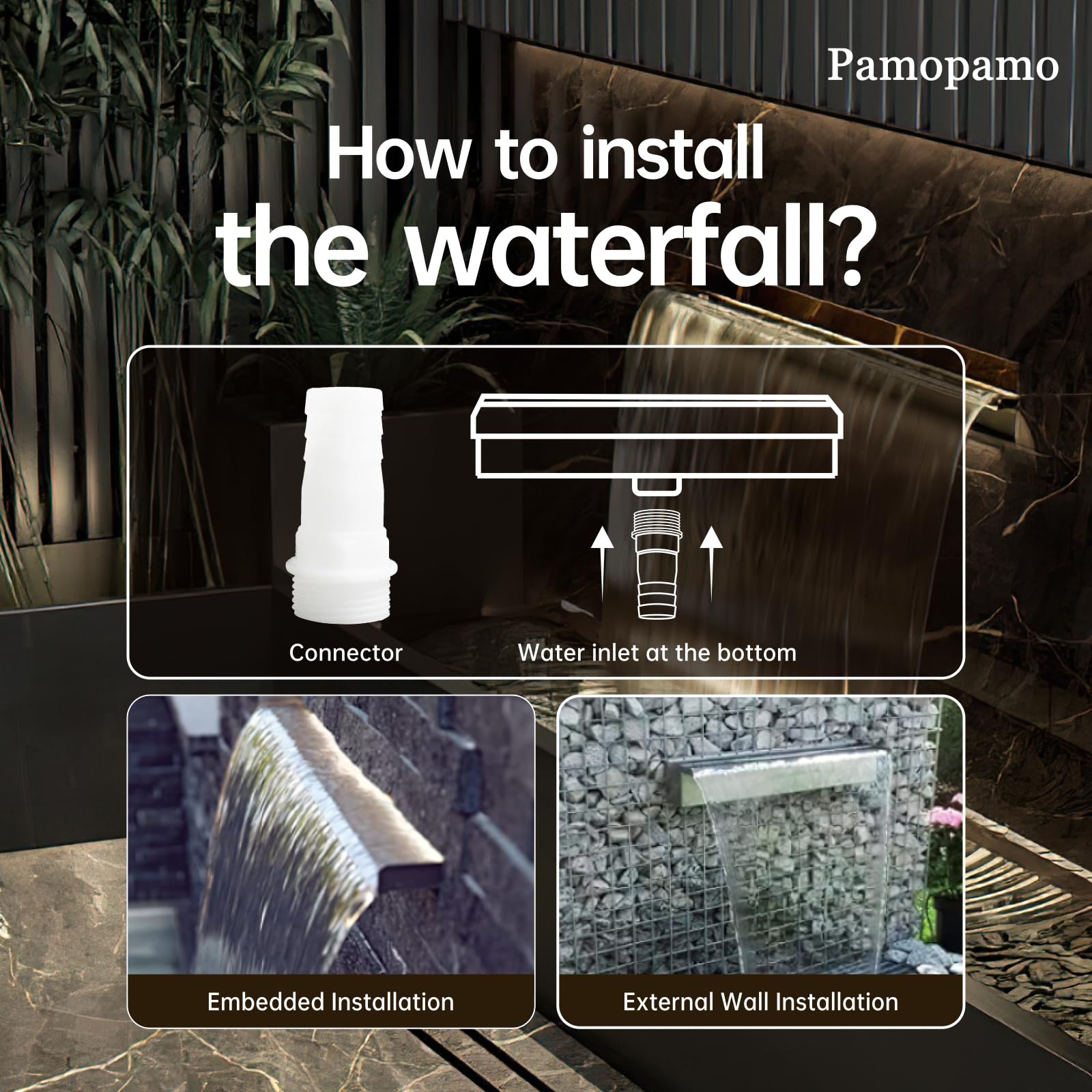Pamopamo Pond Waterfall Spillway Pool Fountain Water Feature, Black Stainless Steel Outdoor Fountains, Swimming Pool Water Flow Waterfalls Kit for Garden Patio Ponds-35.4"x7.8"x3.9"(NO Light)