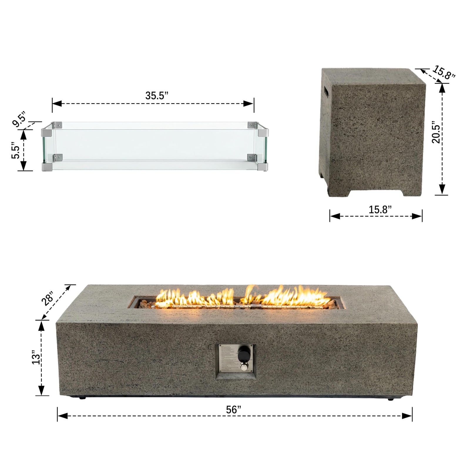 LumeVale 56-inch Rectangle Propane Gas Fire Pit Table, 50,000BTU Outdoor Patio Heater with Stainless Steel Burner Fire Pit for Backyard, Porch, and Garden (Grey, Fire Pit with Wind Guard&Tank)