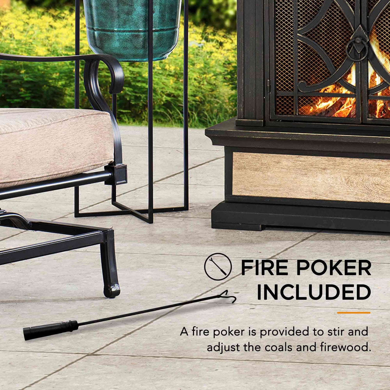 Sunjoy Outdoor Fireplace, Stone Look Tile Patio Wood Burning Steel Fireplace with Chimney, Spark Screen, Fire Poker, Rain Cover, and Removable Grate, Black with Golden Highlight
