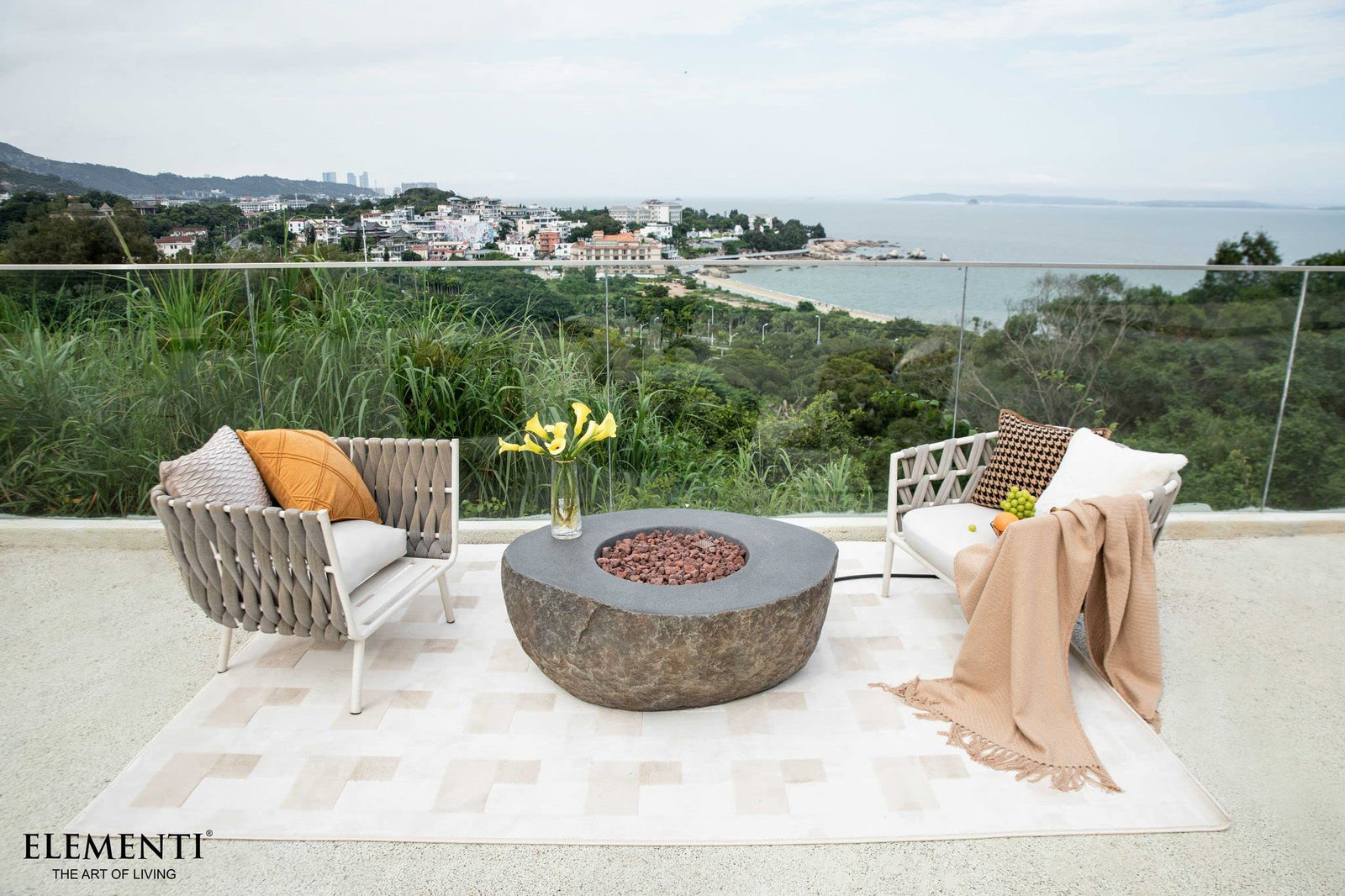 Elementi | Boulder Gas Fire Pit Cast Concrete Semi-Round Fire Table