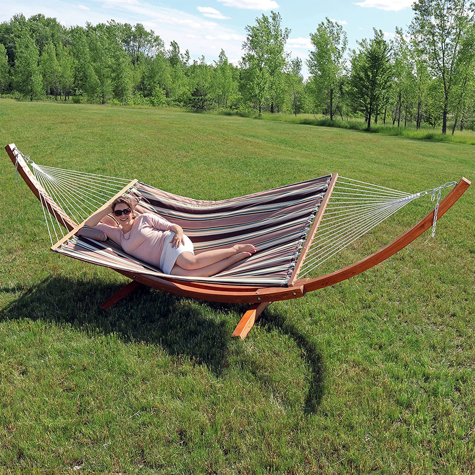 Sunnydaze Double Quilted Fabric Hammock with 13-Foot Curved Arc Wood Stand - 400-Pound Capacity - Sandy Beach