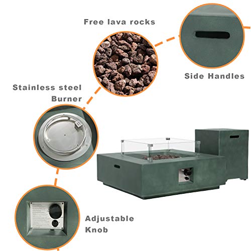 COSIEST 2-Piece Outdoor Propane Firepit Table Set, Gray Faux Stone 35 inches Square Fire Table w 50,000 BTU Stainless Steel Burner, Wind Guard, w Metal Lid 20 Gallon Hideway Tank for Garden, Porch