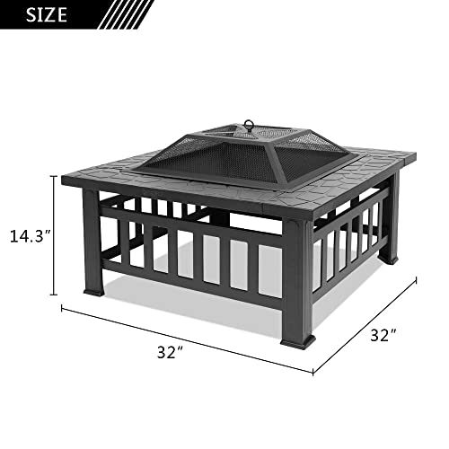 Bonnlo Outdoor Portable Fire Pit 32" with Barbecue/Cooking Grill, Poker and Rain Cover Square Metal 3 in 1 Wood Burning Fire Pit Backyard Patio Terrace