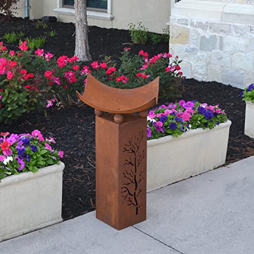 Rustic Metal Column with Removable Dish for Planter Bowl or Fire Bowl | Decorative Outdoor Pillar Sculpture for Outdoors Yard Porch Garden Décor