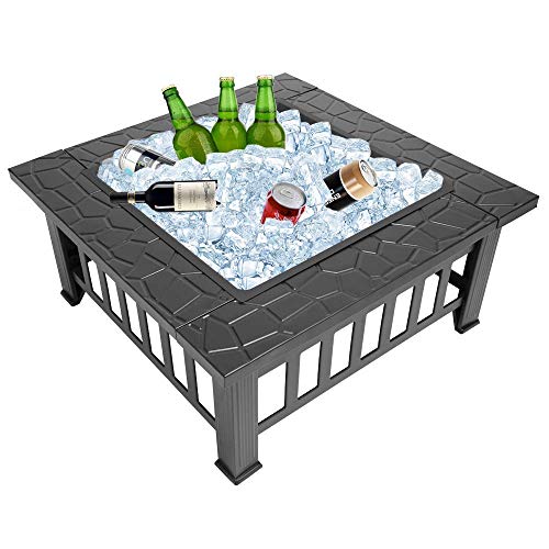 Bonnlo Outdoor Portable Fire Pit 32" with Barbecue/Cooking Grill, Poker and Rain Cover Square Metal 3 in 1 Wood Burning Fire Pit Backyard Patio Terrace