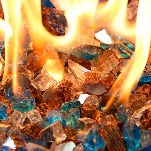 GRISUN 20 Pounds Blended Fire Glass for Fire Pit - 1/2 Inch High Luster Reflective Tempered Glass Rocks for Natural or Propane Fireplace, Safe for Outdoors and Indoors Firepit, Copper, Blue, White