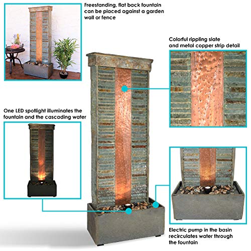 Sunnydaze Outdoor Water Fountain - Large Rippled Slate Garden Water Feature - Backyard Waterfall with Copper Accents & LED Spotlight - 48 Inch Tall - Perfect for Yard, Garden, Patio or Porch