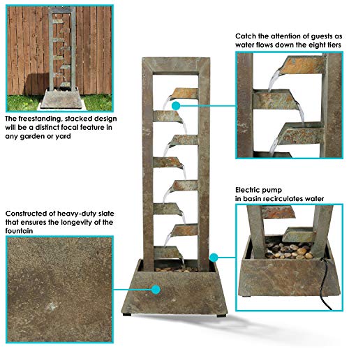 Sunnydaze Stacked Slate Outdoor Water Fountain - Large Freestanding Outside Floor Waterfall Fountain Feature for Garden, Backyard, Patio, Porch, or Yard - 49 Inch Tall