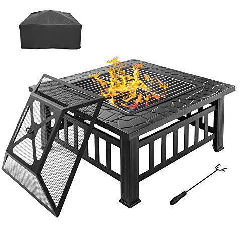 Bonnlo Outdoor Portable Fire Pit 32 with Barbecue/Cooking Grill, Poker and  Rain Cover Square Metal 3 in 1 Wood Burning Fire Pit Backyard Patio