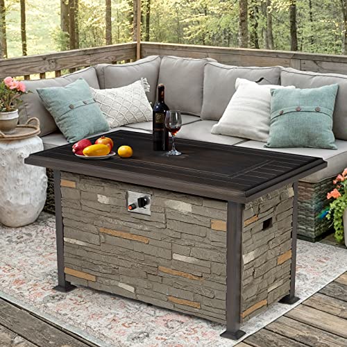 Vicluke 44 Inch Aluminum Propane Fire Pit Table with Faux Ledgestone