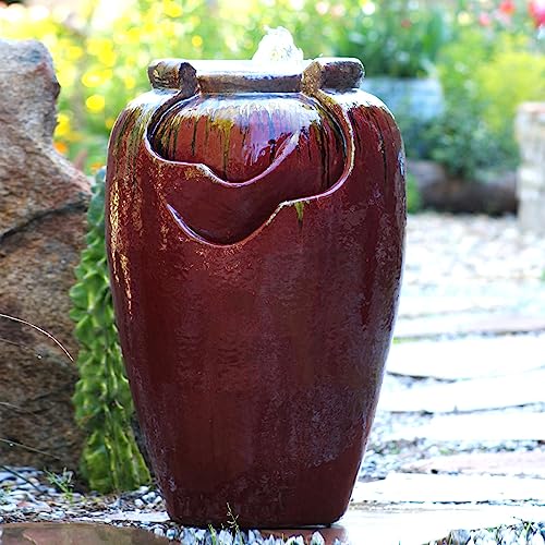 PLANTATOREM Tea Garden Fountain,27.5 Inch Tall, SELF CONTAINED, RED Copper ON OX RED, Modern Floor-Standing Waterfall Feature,Ceramic Fountain for Garden Patio,Yard Fountains Outdoor and Garden