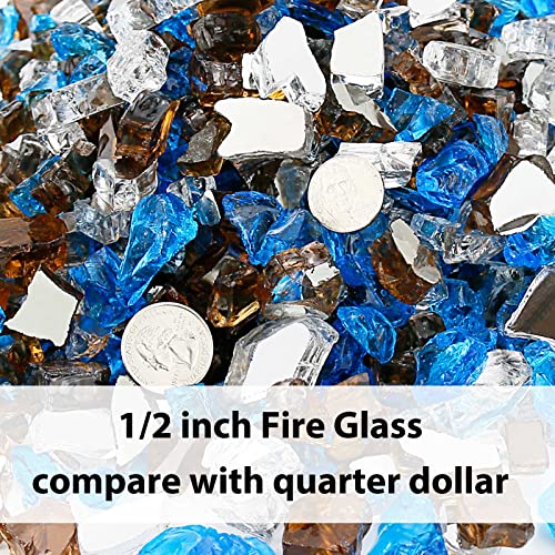 GRISUN 20 Pounds Blended Fire Glass for Fire Pit - 1/2 Inch High Luster Reflective Tempered Glass Rocks for Natural or Propane Fireplace, Safe for Outdoors and Indoors Firepit, Copper, Blue, White