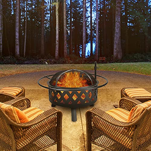 30 Inch Large Fire Pit with Cooking Grate for Outside, Ohuhu 2-in-1 Outdoor Wood Burning Fire Pits with Fireproof Mat, Mesh Lid & Poker, BBQ Grill Firepit for Patio Backyard Garden Camping Bonfire