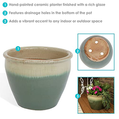 Sunnydaze Chalet 15-Inch Ceramic Indoor/Outdoor Planter - UV- and Frost-Resistant - Seafoam Glaze Finish