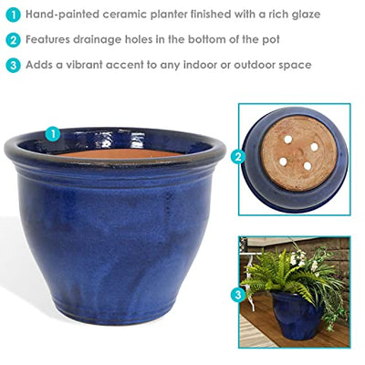 Sunnydaze Studio Ceramic Indoor/Outdoor Planter - UV- and Frost-Resistant - Imperial Blue Glazed Finish - 18-Inch