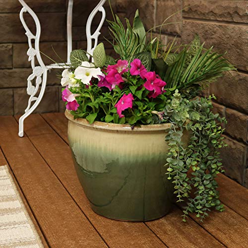 Sunnydaze Chalet 15-Inch Ceramic Indoor/Outdoor Planter - UV- and Frost-Resistant - Seafoam Glaze Finish