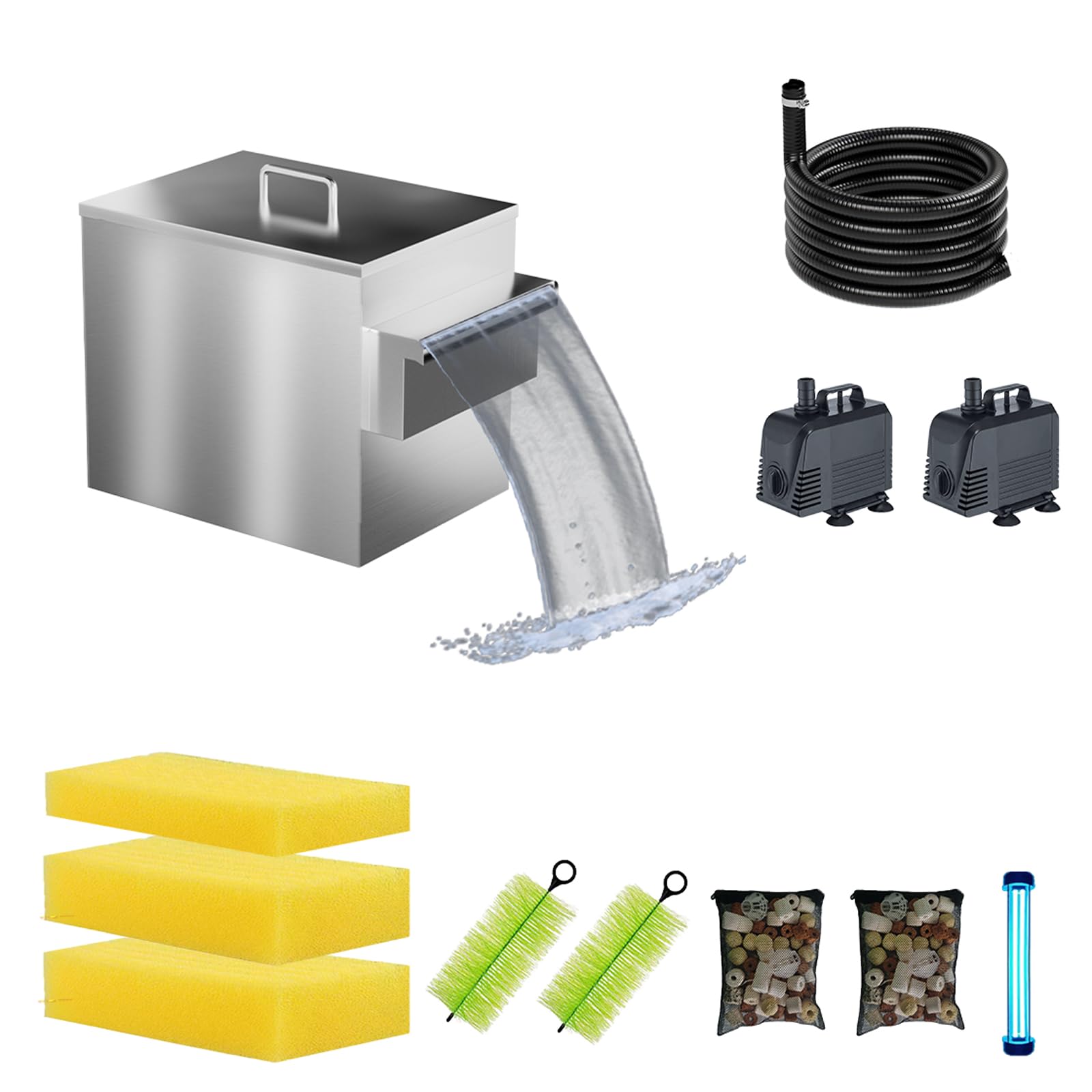 Carefree Fish Koi Pond Filter Box Stainless Steel Garden Water Waterfall Filtration Outdoor Horse Equipment Pool Filter System with Water Pump(Patent No.:US D1067273S)