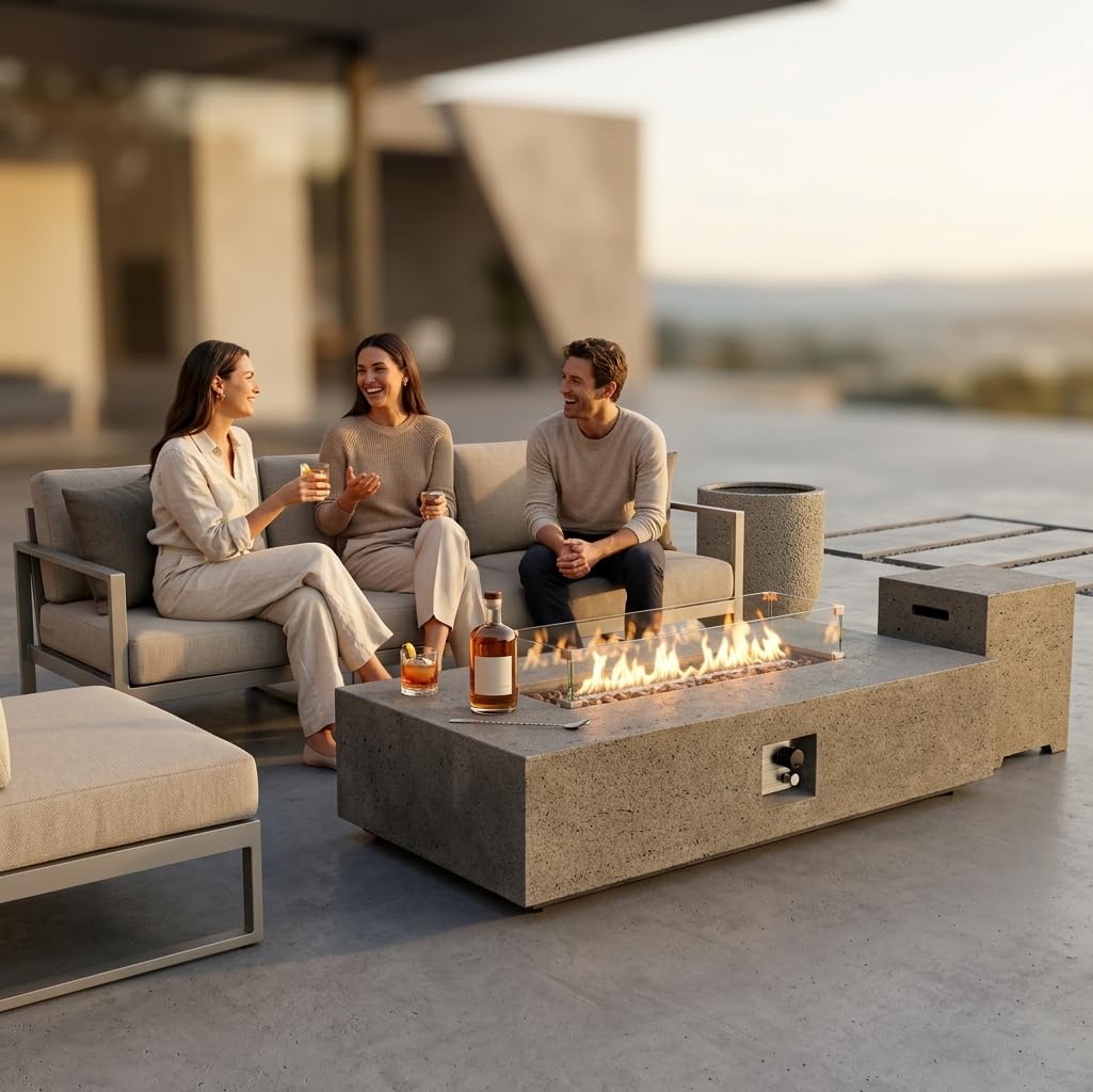 LumeVale 56-inch Rectangle Propane Gas Fire Pit Table, 50,000BTU Outdoor Patio Heater with Stainless Steel Burner Fire Pit for Backyard, Porch, and Garden (Grey, Fire Pit with Wind Guard&amp;Tank)