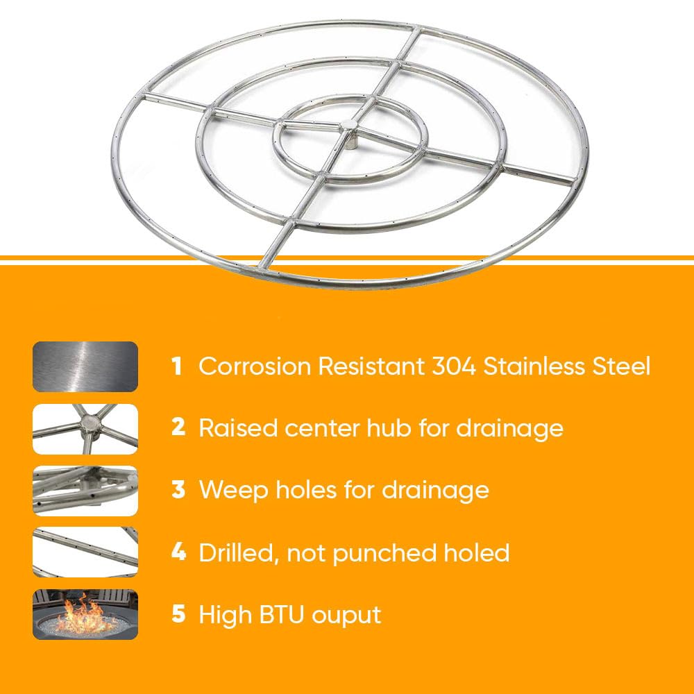 Spotix HPC Match Lit Fire Pit Burner Kit (FPS36HCKIT-PAN-NG-MSCB), Round, 36-Inch Burner, 42-Inch Flat Pan, Natural Gas, Polished Chrome, with Flange, Key, Valve, Flex Line and Fittings