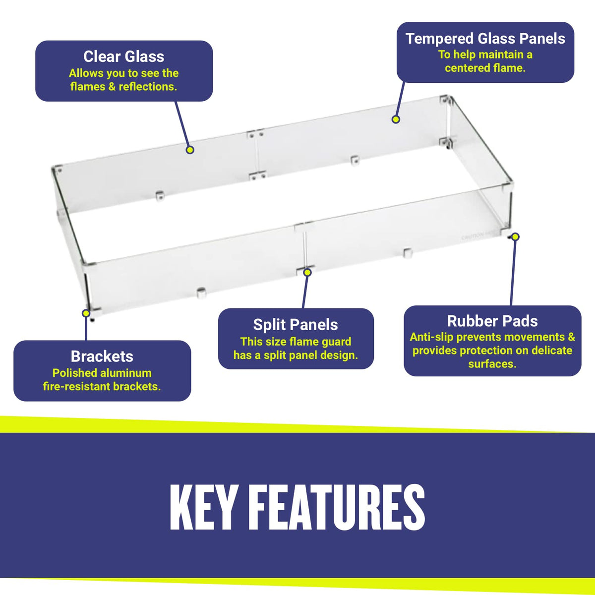 American Fireglass Tempered Glass Flame Guard for 36" x 12" Rectangular Drop-in Fire Pit Pan | Outdoor Wind Guard with Aluminum Fire-Resistant Brackets & Non-Slip Feet | 41.5-inch x 17.5-inch x 6-inch