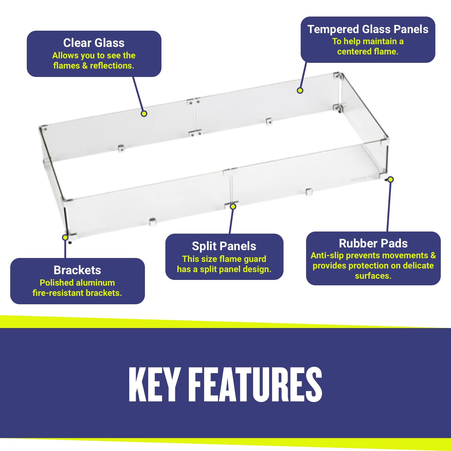 American Fireglass Tempered Glass Flame Guard for 36" x 12" Rectangular Drop-in Fire Pit Pan | Outdoor Wind Guard with Aluminum Fire-Resistant Brackets & Non-Slip Feet | 41.5-inch x 17.5-inch x 6-inch