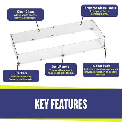 American Fireglass Tempered Glass Flame Guard for 36" x 12" Rectangular Drop-in Fire Pit Pan | Outdoor Wind Guard with Aluminum Fire-Resistant Brackets & Non-Slip Feet | 41.5-inch x 17.5-inch x 6-inch