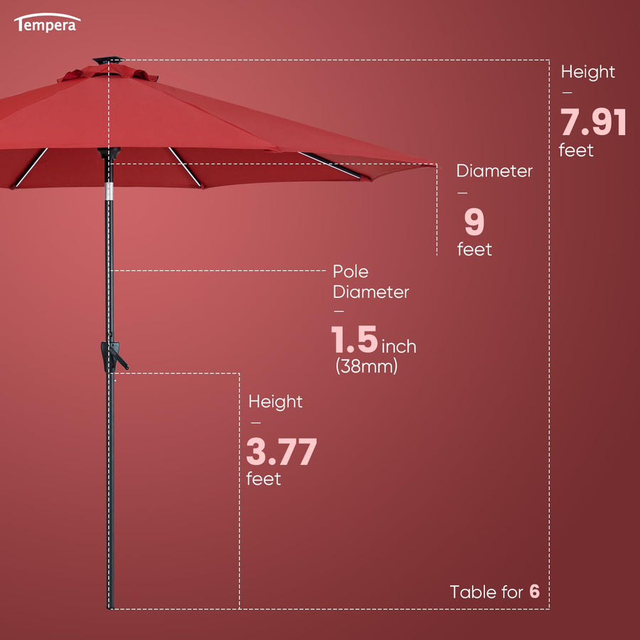 Tempera 9ft Patio LED Umbrella with light | Solar Powered Outdoor Umbrella | Market Table Parasol with Push Button Tilt and Crank, with Sturdy Pole&Fade resistant canopy,Easy to set