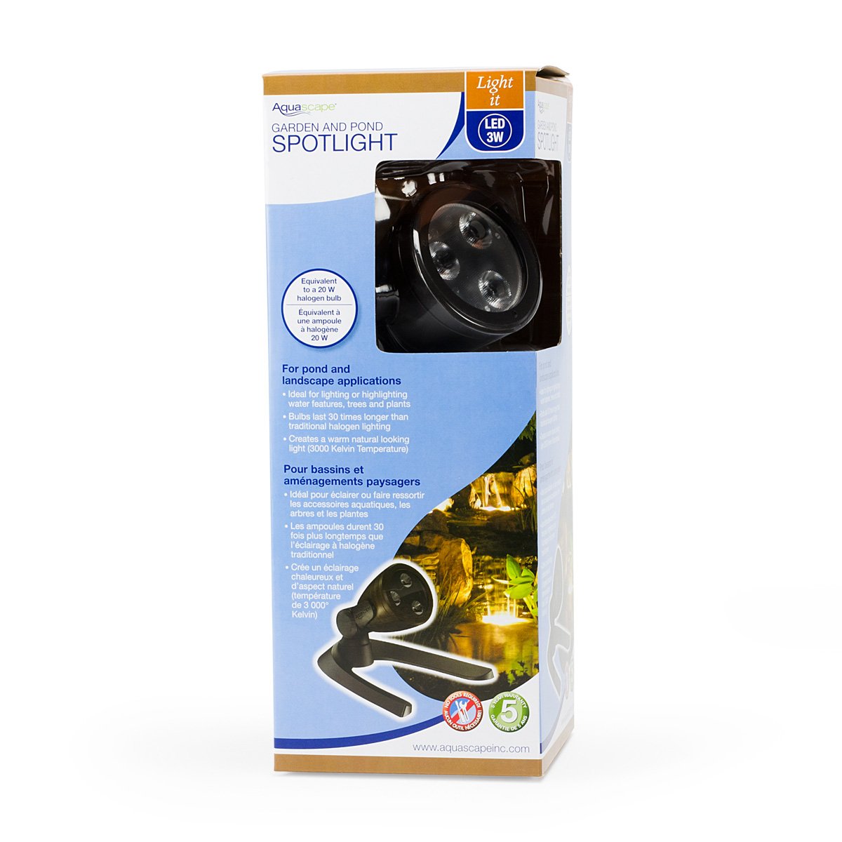Aquascape 3-Watt Submersible Underwater Warm White LED Spotlight for Ponds, Water Features & Landscape Lighting, 84033