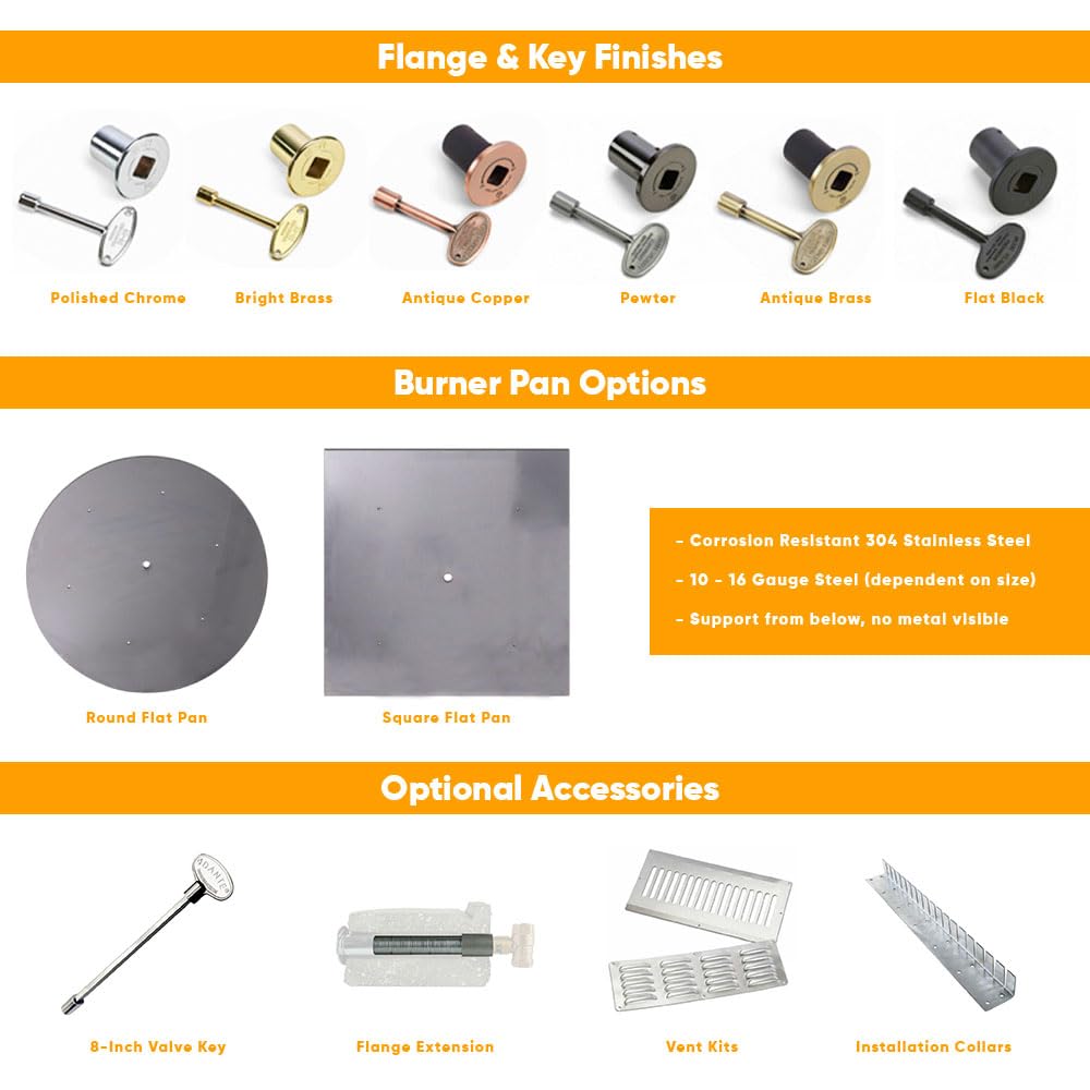 Spotix AFG Match Lit Fire Pit Burner Kit (SS-FR-36KIT-PAN-LP-MSCB), Round, 36-Inch Burner, 42-Inch Flat Pan, Propane, Polished Chrome, with Flange, Key, Valve, Flex Line and Fittings