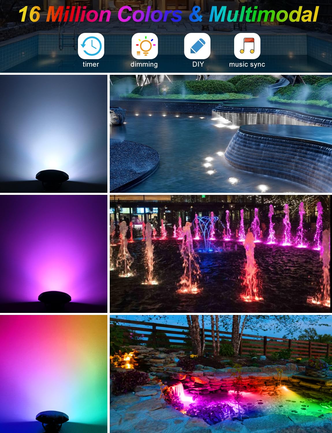 CREPOW RGB Underwater Pond Lights, Super Bright 18 LED Submersible Fountain Lights Color Changing Spotlights, Bluetooth APP Control IP68 Waterproof for Fish Aquarium Tank Garden Yard Pool(Set of 12)