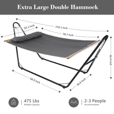 SUNCREAT Extra Large Double Hammock with 10 ft Stand Included, 475 lbs Capacity, Outdoor Heavy Duty Hammock with Large Soft Pillow, Dark Gray