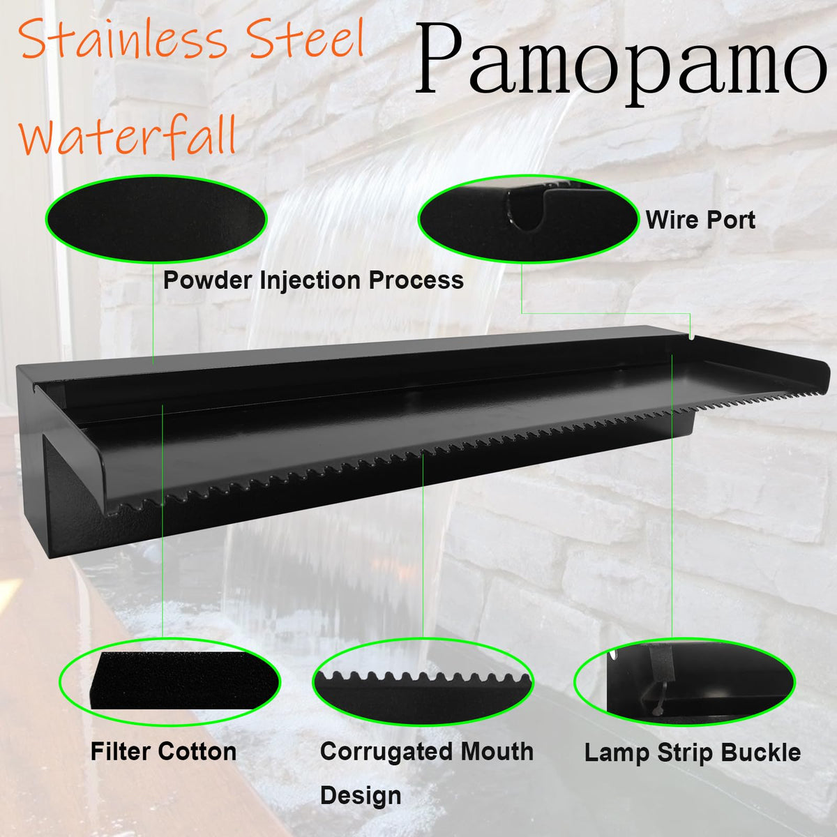 Pamopamo Pond Waterfall Spillway Pool Fountain Water Feature, Black Stainless Steel Outdoor Fountains, Swimming Pool Water Flow Waterfalls Kit for Garden Patio Ponds-35.4"x7.8"x3.9"(NO Light)