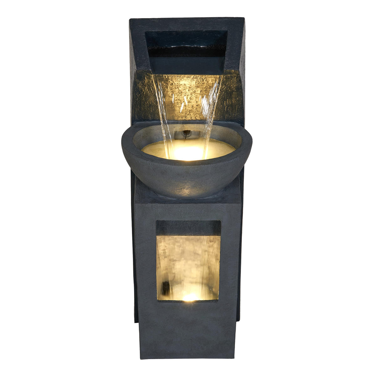 Alpine Corporation 41" Tall Outdoor Basin Waterfall Floor Fountain with LED Lights for Garden, Patio, Lawn and Backyard Decor, Gray