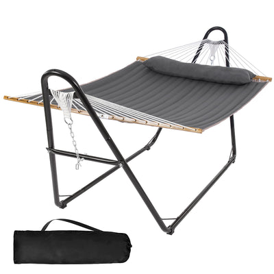 SUNCREAT Extra Large Double Hammock with 10 ft Stand Included, 475 lbs Capacity, Outdoor Heavy Duty Hammock with Large Soft Pillow, Dark Gray