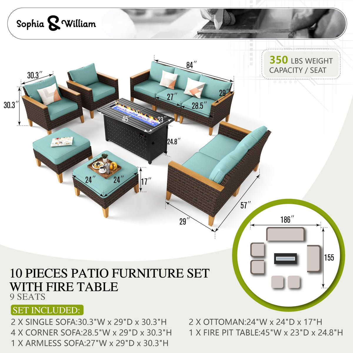 Sophia & William Patio Furniture Set with 45" Fire Pit Table, 10 Piece Outdoor Wicker Furniture