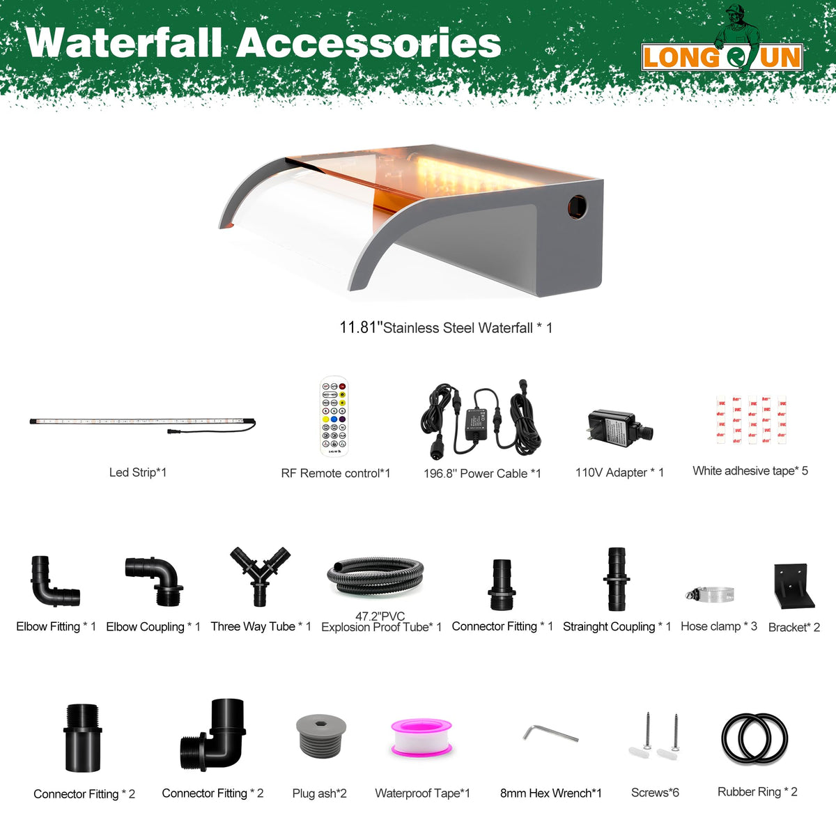 Waterfall Pool Fountain, LONGRUN Acrylic Waterfall Spillway for Pools and Ponds - 11.8" Wide Decorative Water Feature for Swimming Pools, Koi Ponds, and Garden