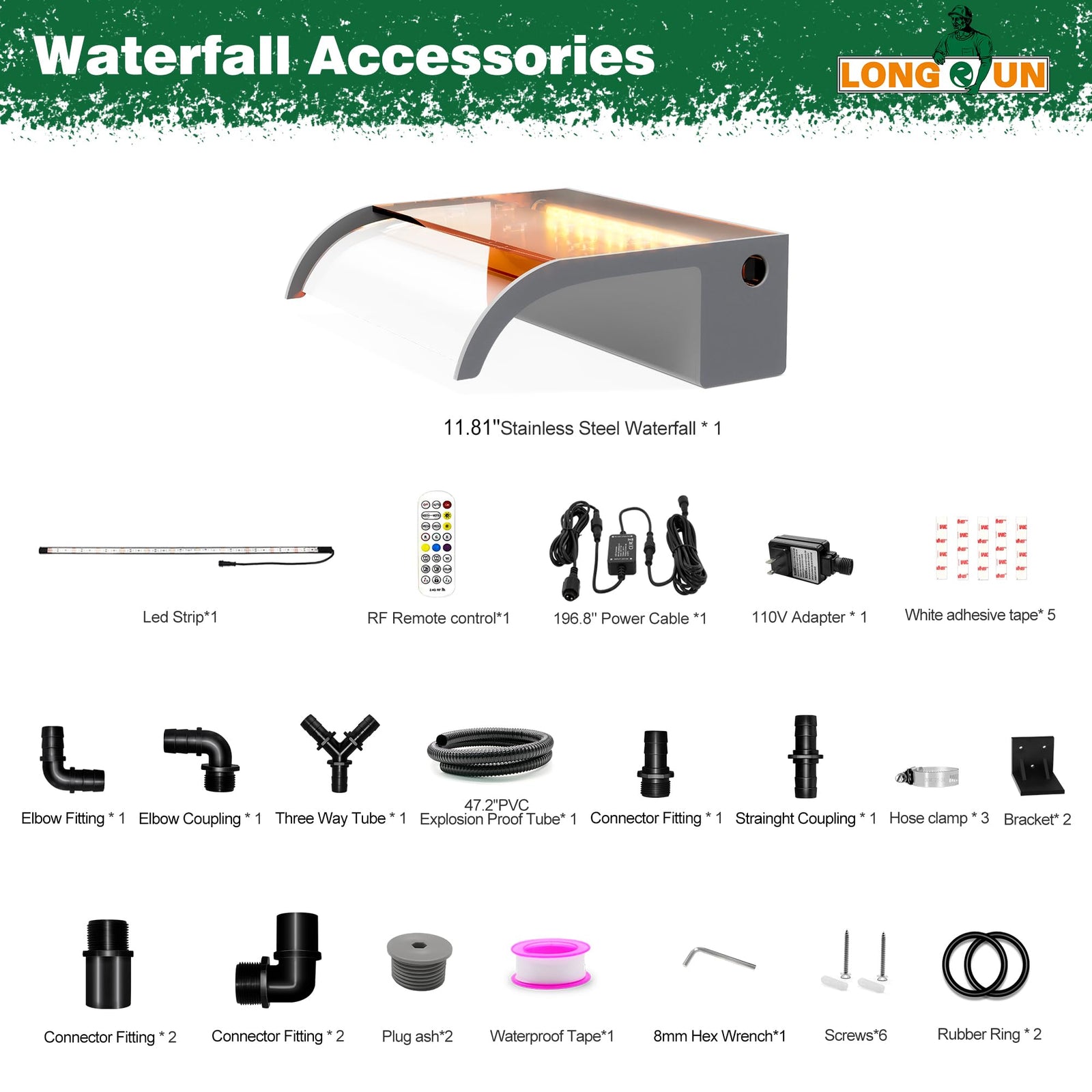 Waterfall Pool Fountain, LONGRUN Acrylic Waterfall Spillway for Pools and Ponds - 11.8" Wide Decorative Water Feature for Swimming Pools, Koi Ponds, and Garden