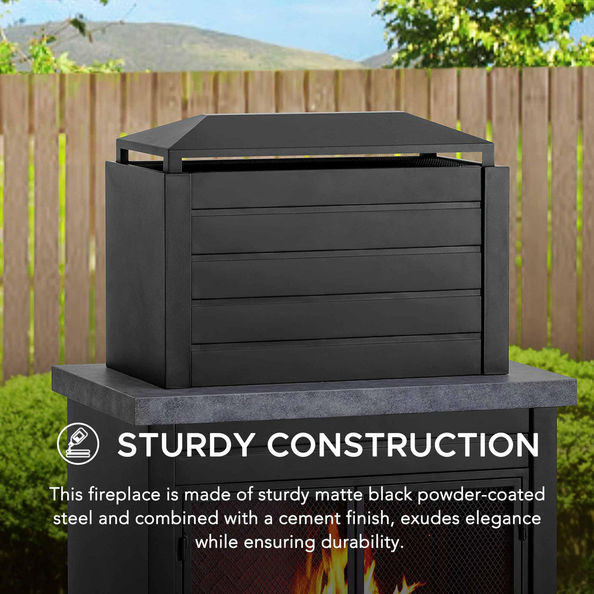 Sunjoy Wood Burning Fireplace – Matte Black Outdoor Steel Fireplace with Chimney, Log Holders, Fireplace Tool, and PVC Cover
