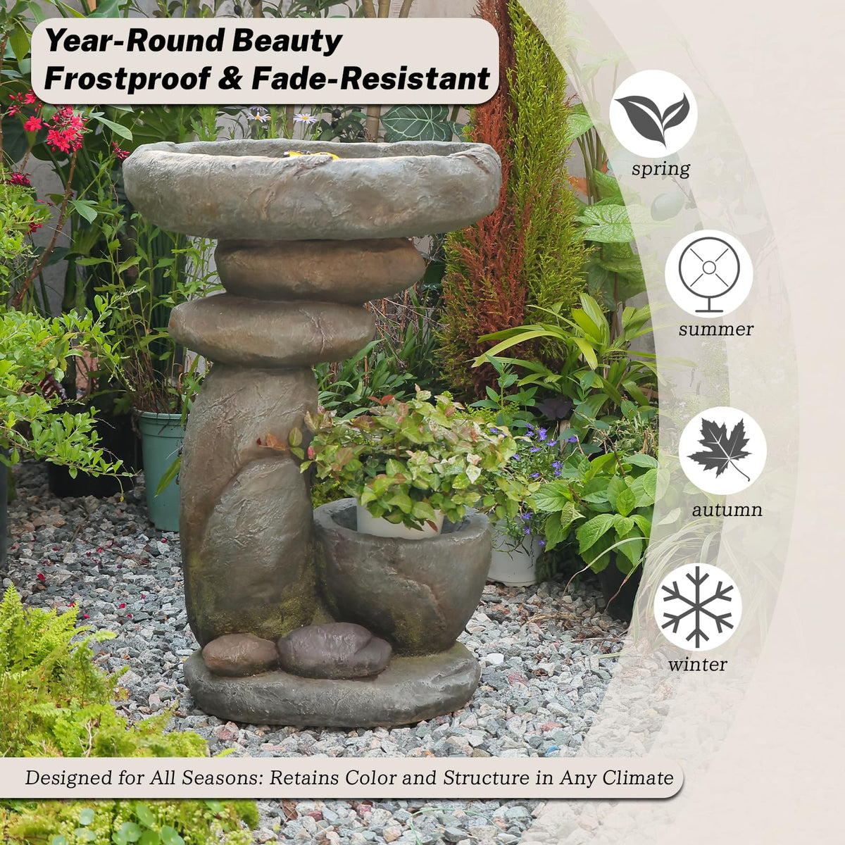 GardesT Solar Fountain for Bird Bath, Water Fountain Outdoor with Planter, Freestanding Rock Solar Waterfall with LED Lights for Garden, Patio, Yard
