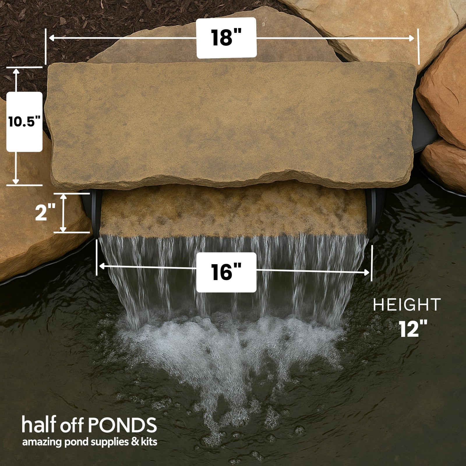 HALF OFF PONDS 16-Inch Filtering Waterfall Spillway for Ponds and Waterfall Streams up to 4,500 gallons. Includes Waterfall Box and Rock Lid and Lip