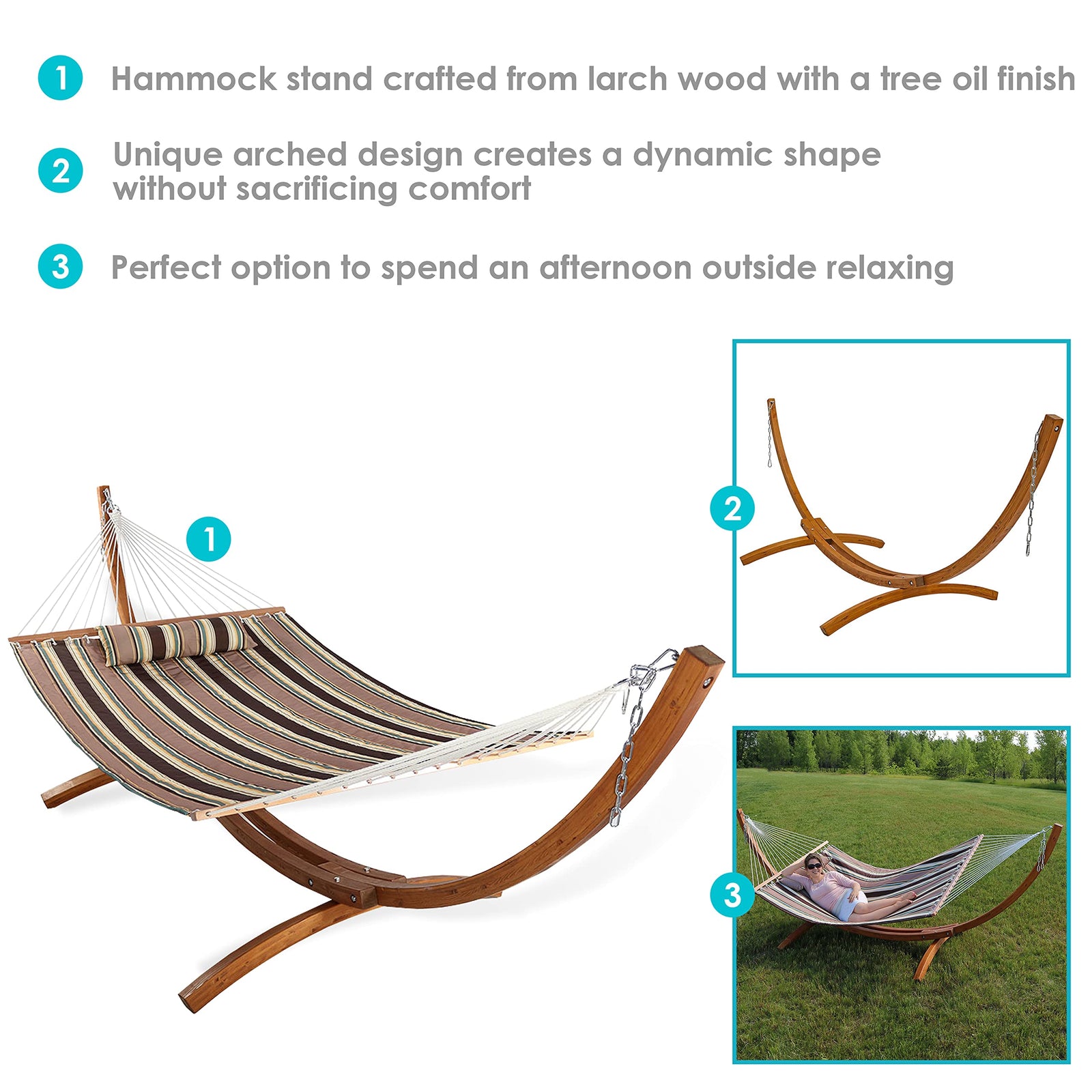 Sunnydaze Double Quilted Fabric Hammock with 13-Foot Curved Arc Wood Stand - 400-Pound Capacity - Sandy Beach