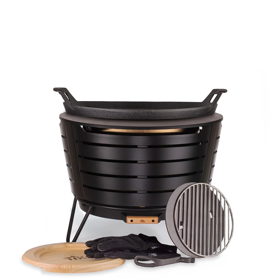 TIKI Brand Patio Smokeless Fire Pit with Cast Iron Griddle Combo Set Bundle