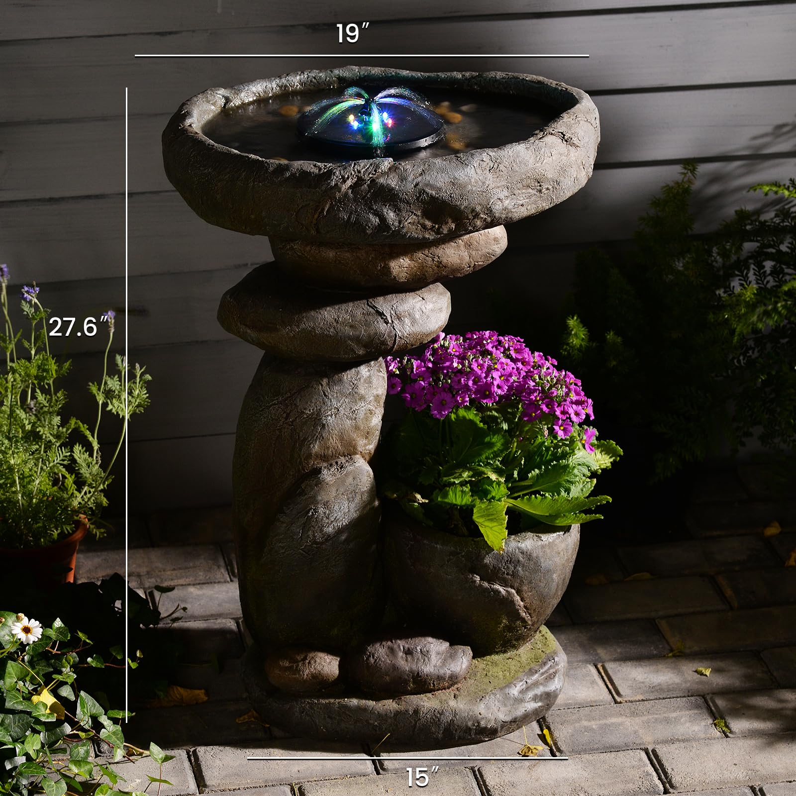 GardesT Solar Fountain for Bird Bath, Water Fountain Outdoor with Planter, Freestanding Rock Solar Waterfall with LED Lights for Garden, Patio, Yard